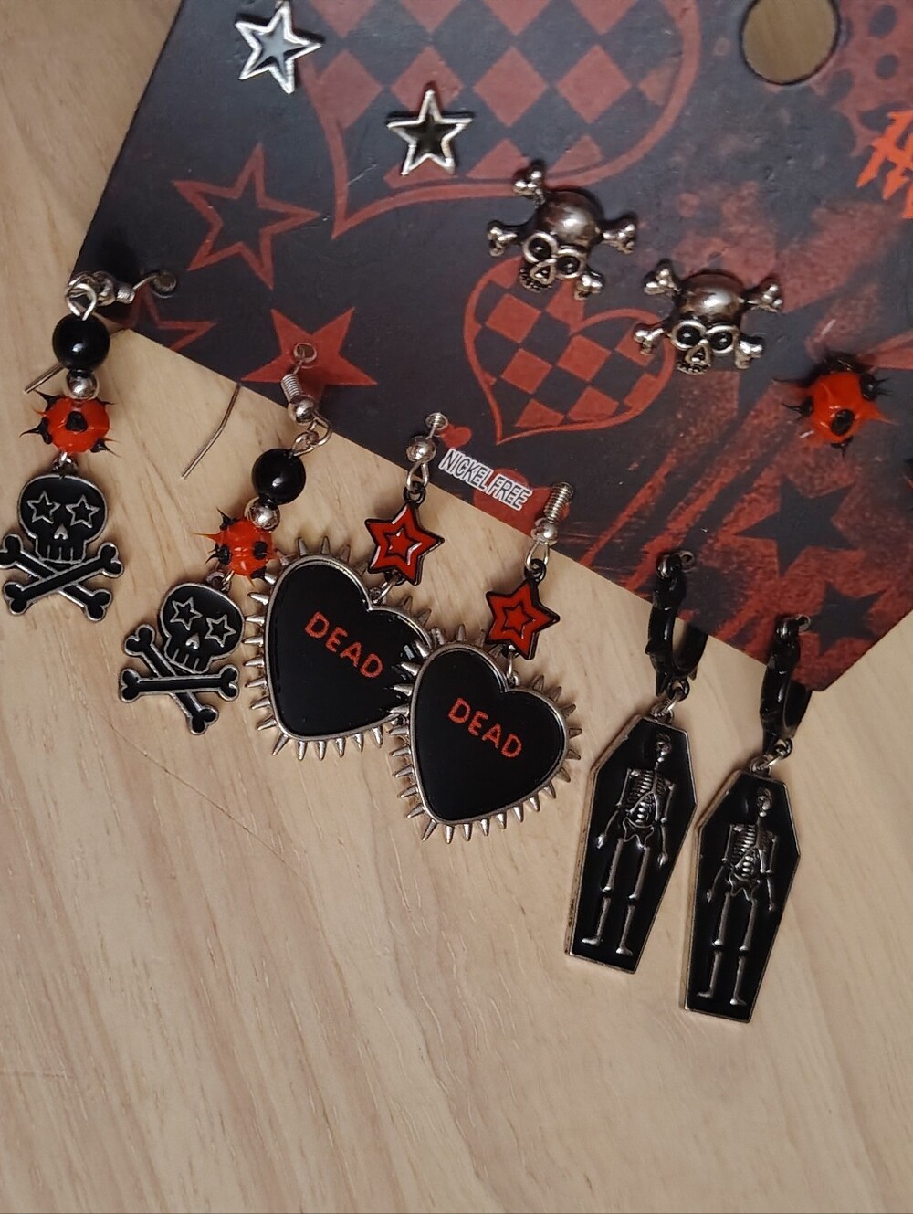 Gothic Punk Rock Skull Bones Coffin Charm Black Star Silver Earrings Set